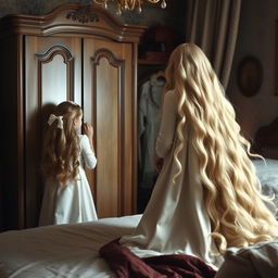 A mother resembling Rapunzel is in a cozy, enchanting room with her daughter and son