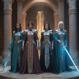 Three young swordsmen in intricate armor standing alongside three female mages in flowing, mystical robes, all placed in a luminous magical dungeon brimming with ancient artefacts and radiant crystals.