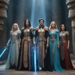 Three young swordsmen in intricate armor standing alongside three female mages in flowing, mystical robes, all placed in a luminous magical dungeon brimming with ancient artefacts and radiant crystals.