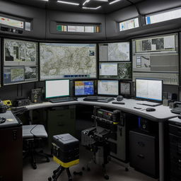 The meticulously organized desk of the SWAT Commander, featuring a high-tech computer setup, detailed maps, critical documents, and vital communication equipment.