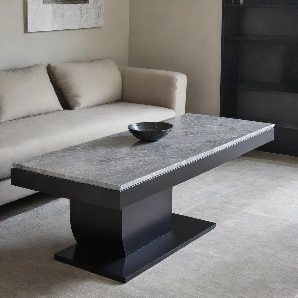 A sleek black table designed for a living room, graced with a polished grey marble top giving off a refined air of elegance