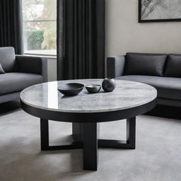 A sleek black table designed for a living room, graced with a polished grey marble top giving off a refined air of elegance