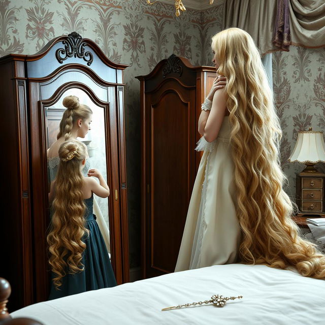 A mother resembling Rapunzel is in a beautifully decorated room with her daughter and son