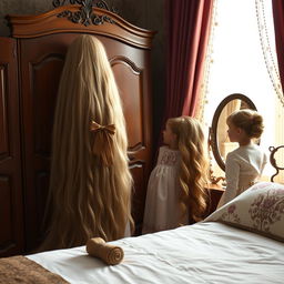 A mother resembling Rapunzel is in a beautifully decorated room with her daughter and son