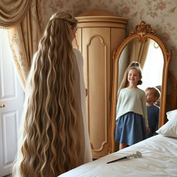 A mother resembling Rapunzel is in a beautifully decorated room with her daughter and son