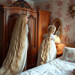 A mother resembling Rapunzel is in a beautifully decorated room with her daughter and son