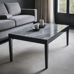 A sleek black table designed for a living room, graced with a polished grey marble top giving off a refined air of elegance