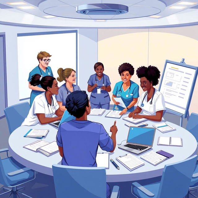 A vibrant and engaging illustration of a nursing organization meeting, showcasing a diverse group of nurses collaborating and discussing healthcare strategies