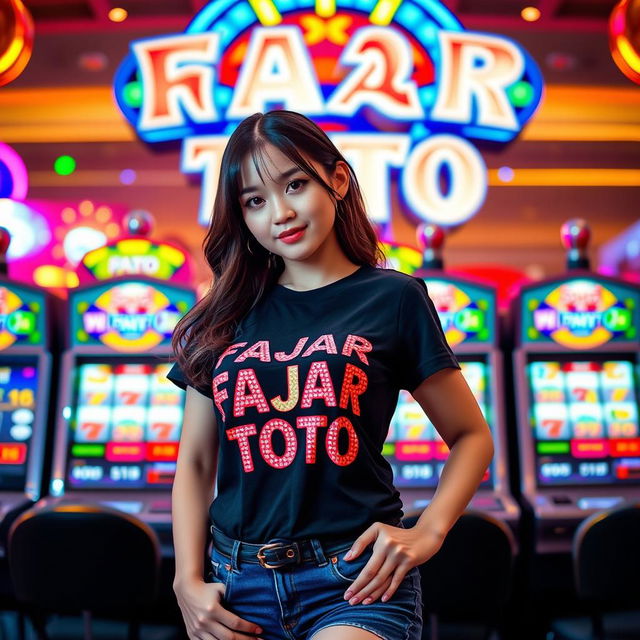 A beautiful Douyin girl wearing a sexy t-shirt featuring the theme "FAJAR TOTO"