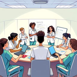 A vibrant and engaging illustration of a nursing organization meeting, showcasing a diverse group of nurses collaborating and discussing healthcare strategies