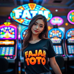 A beautiful Douyin girl wearing a sexy t-shirt featuring the theme "FAJAR TOTO"