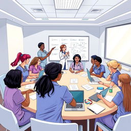 A vibrant and engaging illustration of a nursing organization meeting, showcasing a diverse group of nurses collaborating and discussing healthcare strategies