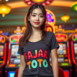 A beautiful Douyin girl wearing a sexy t-shirt featuring the theme "FAJAR TOTO"