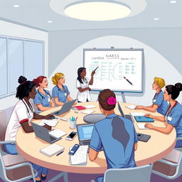 A vibrant and engaging illustration of a nursing organization meeting, showcasing a diverse group of nurses collaborating and discussing healthcare strategies