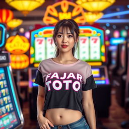 A beautiful Douyin girl wearing a sexy t-shirt featuring the theme "FAJAR TOTO"