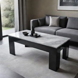 A sleek black table designed for a living room, graced with a polished grey marble top giving off a refined air of elegance