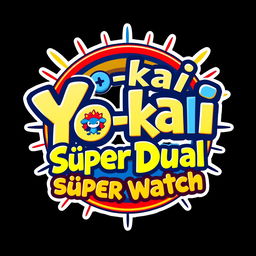 A vibrant and eye-catching logo design featuring the words 'Yo-kai Súper Dual Watch'