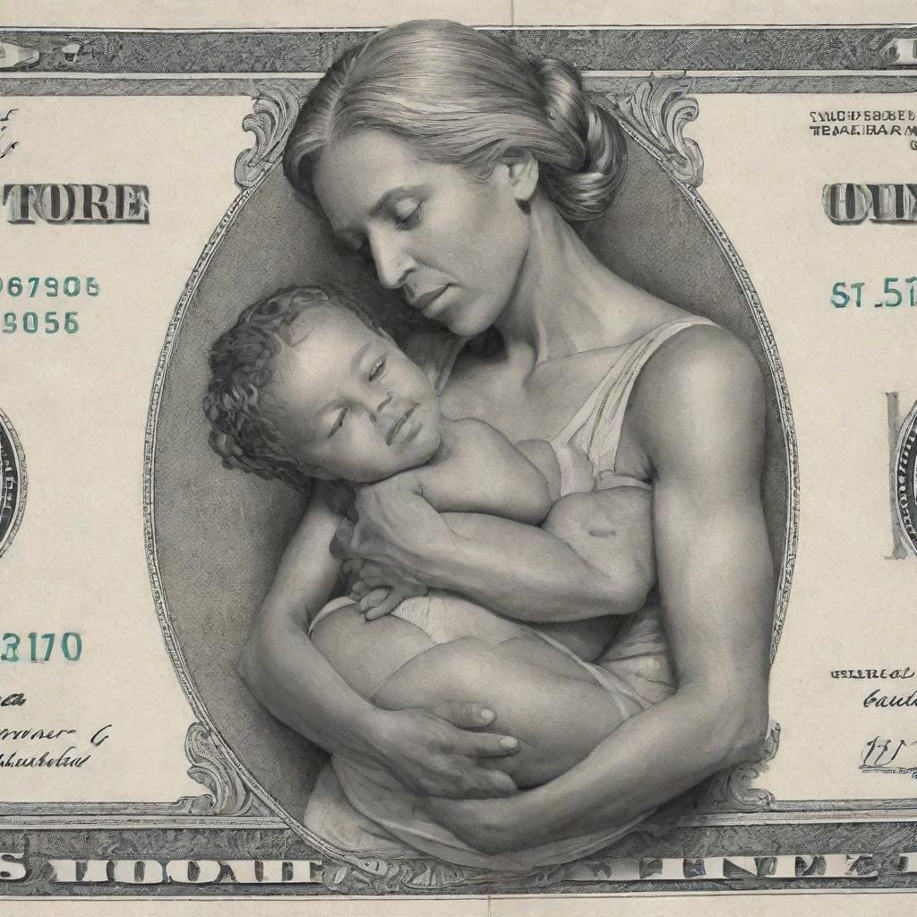 An artistic interpretation of a $1000 bill embracing the essence of motherhood, replacing the traditional figure with a depiction of a mother that captures qualities like strength, nurturing and unconditional love.