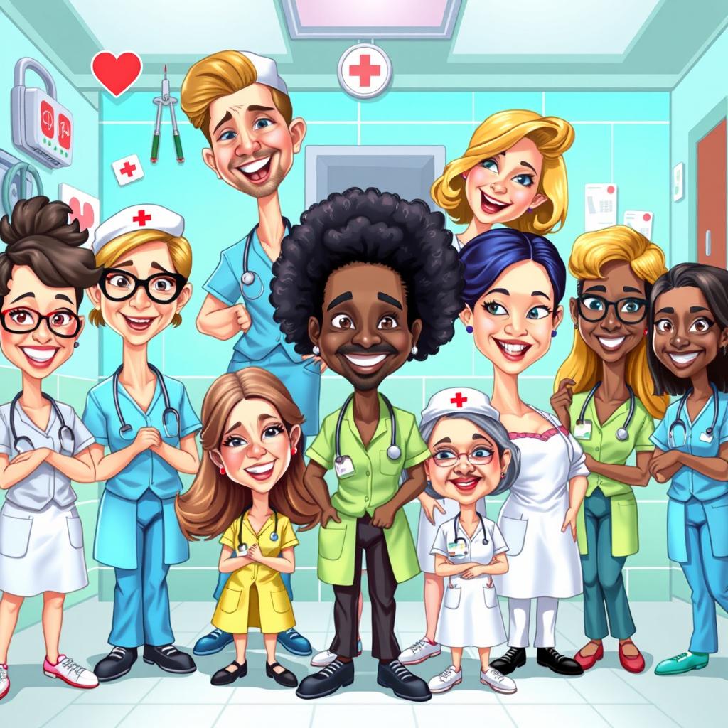 A vibrant and whimsical illustration of various nurse caricatures, showcasing a diverse group of nurses in playful poses and expressions