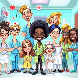 A vibrant and whimsical illustration of various nurse caricatures, showcasing a diverse group of nurses in playful poses and expressions