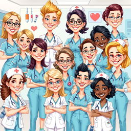 A vibrant and whimsical illustration of various nurse caricatures, showcasing a diverse group of nurses in playful poses and expressions