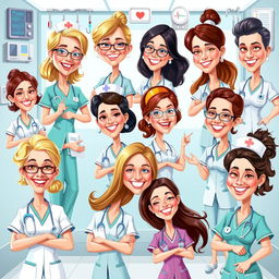 A vibrant and whimsical illustration of various nurse caricatures, showcasing a diverse group of nurses in playful poses and expressions