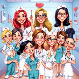 A vibrant and whimsical illustration of various nurse caricatures, showcasing a diverse group of nurses in playful poses and expressions