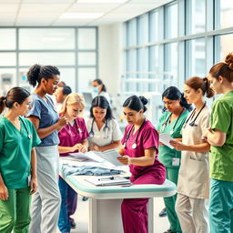 A vibrant and dynamic scene featuring a diverse group of nurses in a bustling hospital environment