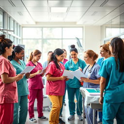 A vibrant and dynamic scene featuring a diverse group of nurses in a bustling hospital environment