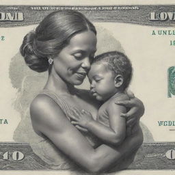 An artistic interpretation of a $1000 bill embracing the essence of motherhood, replacing the traditional figure with a depiction of a mother that captures qualities like strength, nurturing and unconditional love.