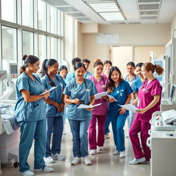 A vibrant and dynamic scene featuring a diverse group of nurses in a bustling hospital environment