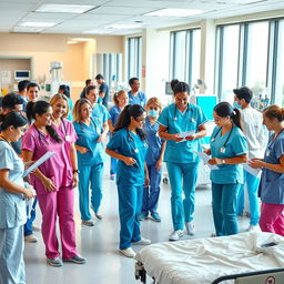 A vibrant and dynamic scene featuring a diverse group of nurses in a bustling hospital environment