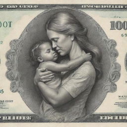 An artistic interpretation of a $1000 bill embracing the essence of motherhood, replacing the traditional figure with a depiction of a mother that captures qualities like strength, nurturing and unconditional love.