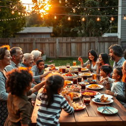 A warm and joyful scene of a family gathering in a cozy backyard