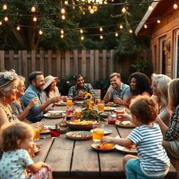 A warm and joyful scene of a family gathering in a cozy backyard