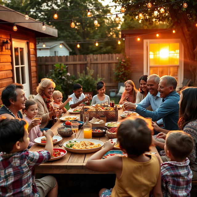 A warm and joyful scene of a family gathering in a cozy backyard