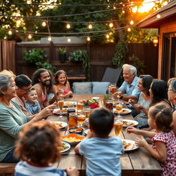 A warm and joyful scene of a family gathering in a cozy backyard