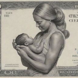 An artistic interpretation of a $1000 bill embracing the essence of motherhood, replacing the traditional figure with a depiction of a mother that captures qualities like strength, nurturing and unconditional love.