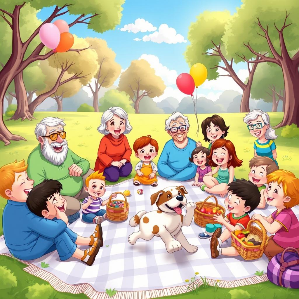 A lively and cheerful cartoon scene depicting a large family gathering in a park