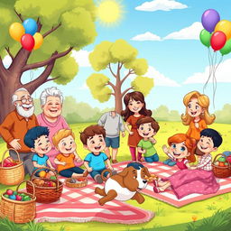 A lively and cheerful cartoon scene depicting a large family gathering in a park