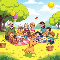 A lively and cheerful cartoon scene depicting a large family gathering in a park