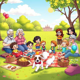 A lively and cheerful cartoon scene depicting a large family gathering in a park