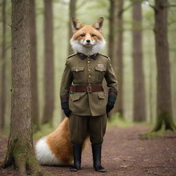 An anthropomorphic fox dressed in a vintage military uniform, alert and standing at attention in a forest setting.