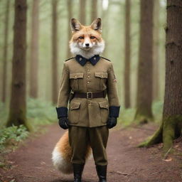 An anthropomorphic fox dressed in a vintage military uniform, alert and standing at attention in a forest setting.