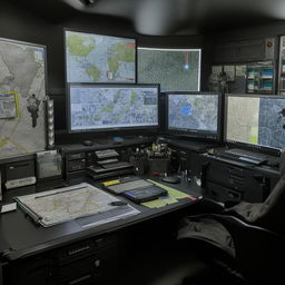 The meticulously organized desk of the SWAT Commander, featuring a high-tech computer setup, detailed maps, critical documents, and vital communication equipment.