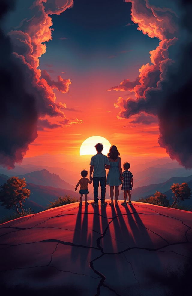 A visually striking book cover illustration depicting a family standing on the edge of a picturesque landscape