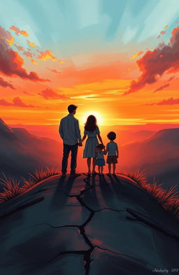 A visually striking book cover illustration depicting a family standing on the edge of a picturesque landscape