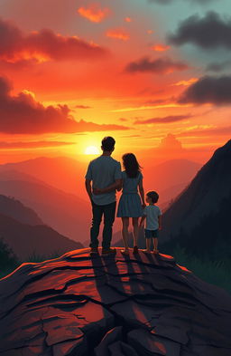 A visually striking book cover illustration depicting a family standing on the edge of a picturesque landscape