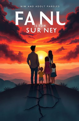 A visually striking book cover illustration depicting a family standing on the edge of a picturesque landscape