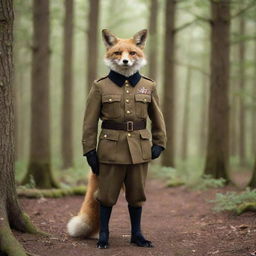 An anthropomorphic fox dressed in a vintage military uniform, alert and standing at attention in a forest setting.